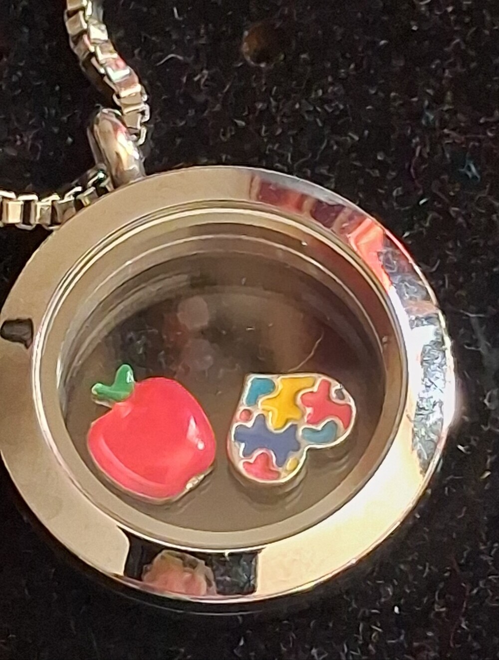 Origami Owl Silver Floating Locket Necklace with Red Apple & Puzzle Heart Charms